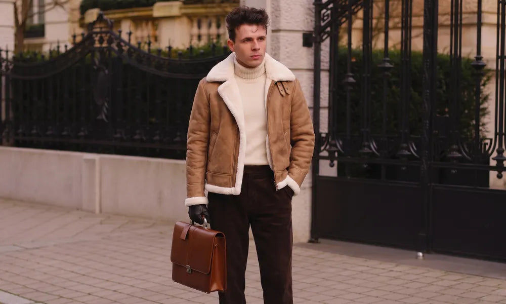 Man wearing a brown shearling leather jacket over a cream turtleneck sweater with dark trousers, styled for a smart casual outfit.