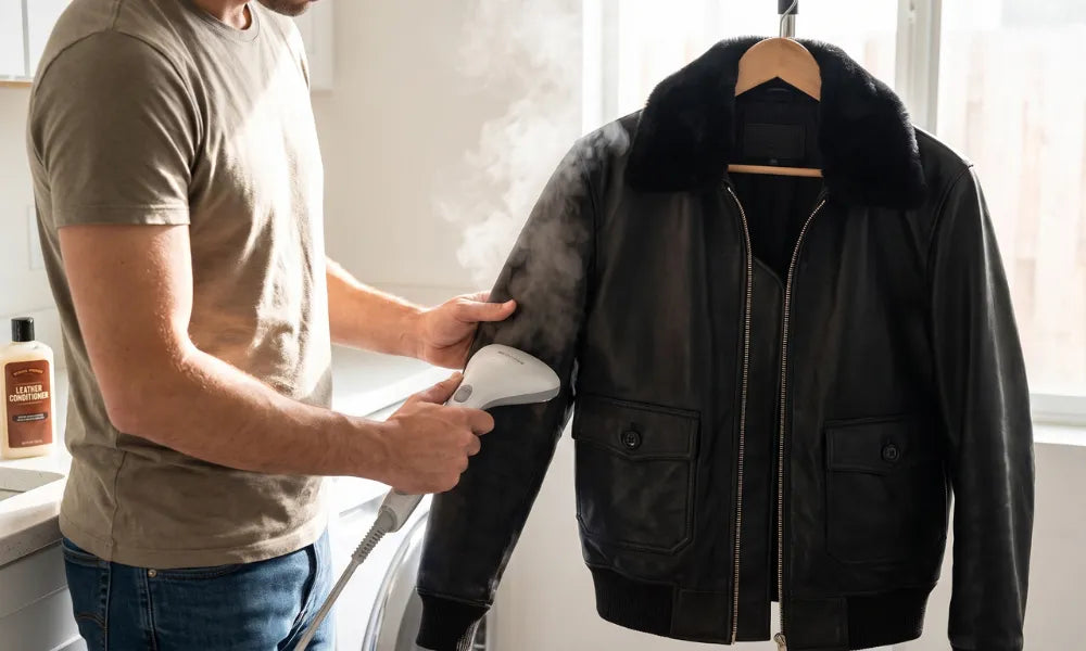 How to get creases out of a leather jacket using a garment steamer for safe wrinkle removal.