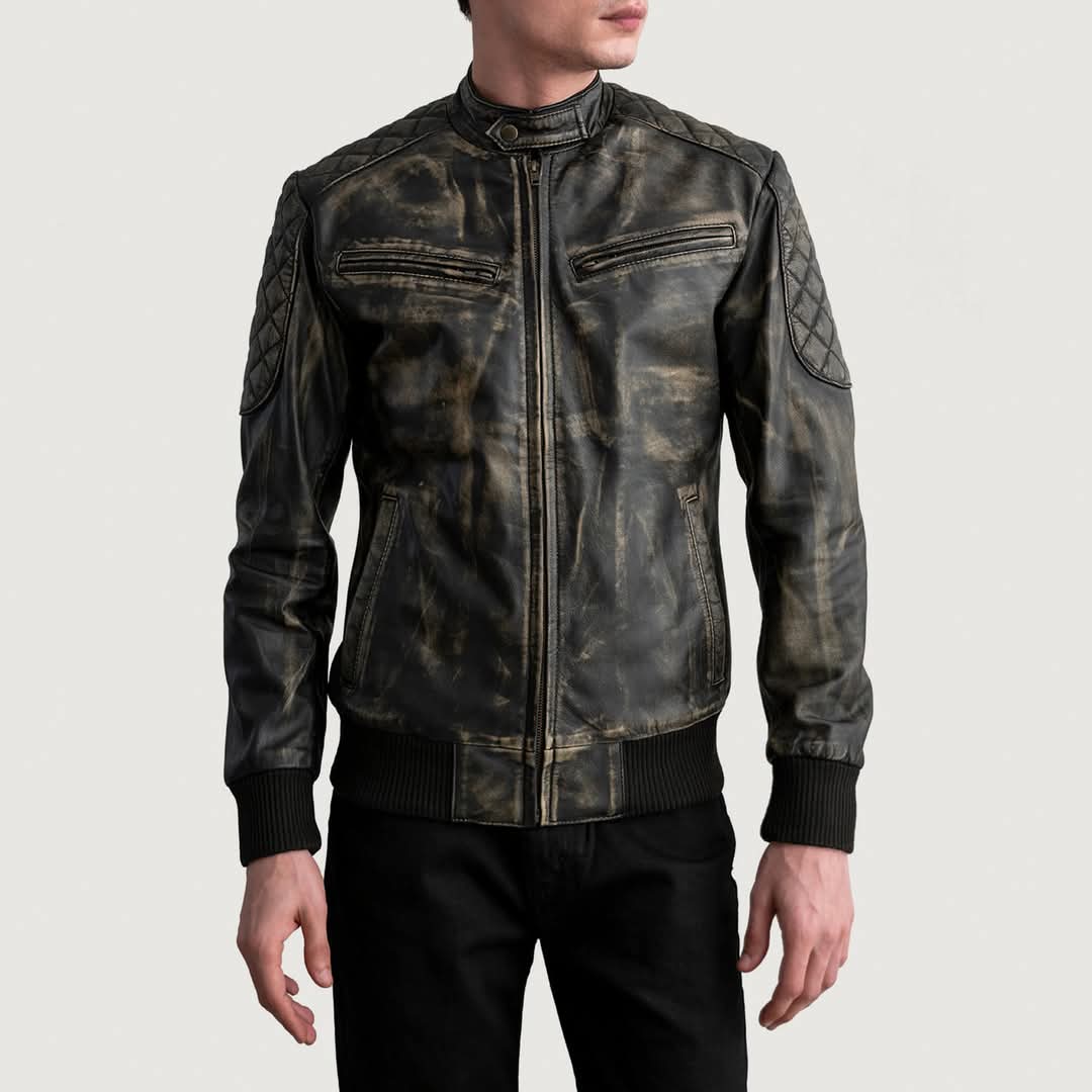 Sven Distressed Brown Leather Bomber Jacket for men's