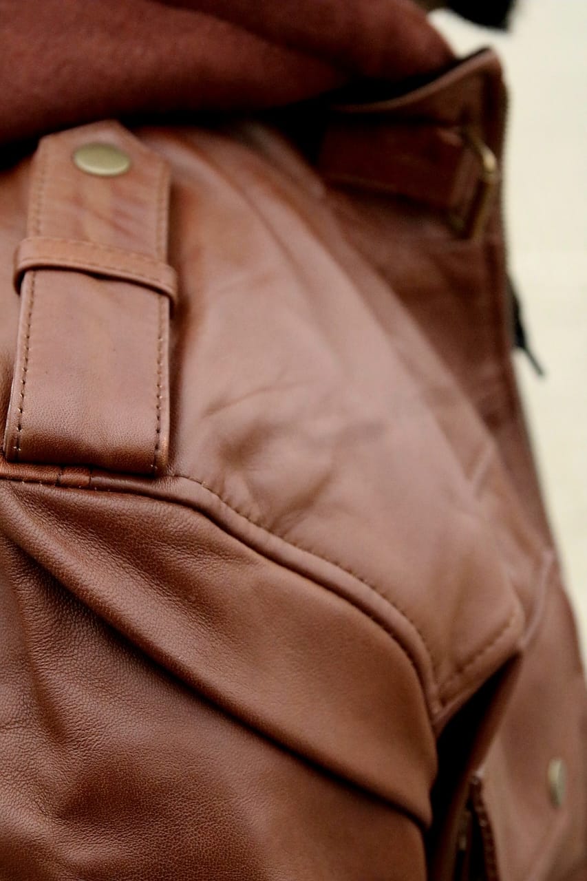 Hooded brown leather biker jacket for men&#39;s