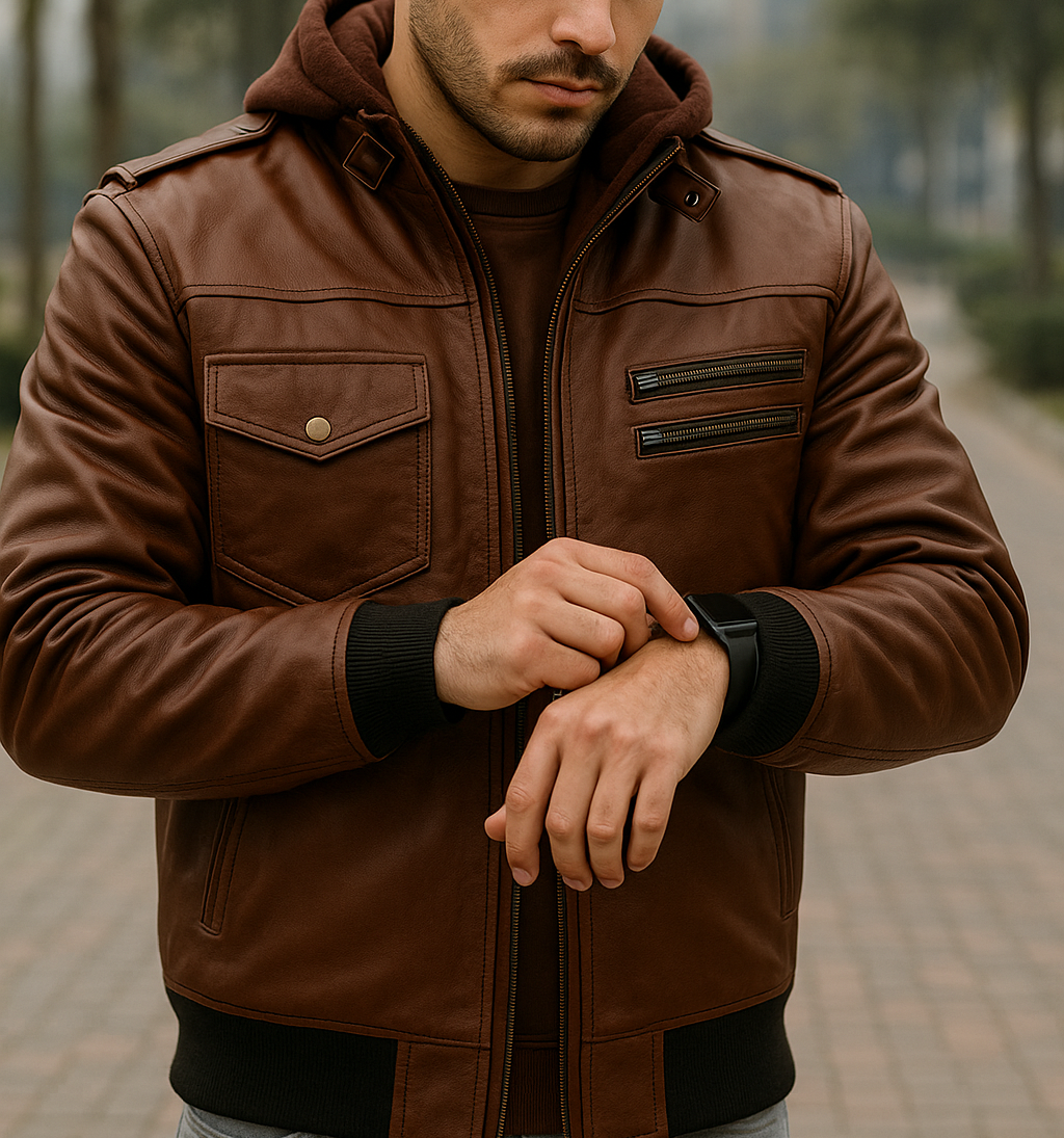 Hooded brown leather biker jacket for men&#39;s