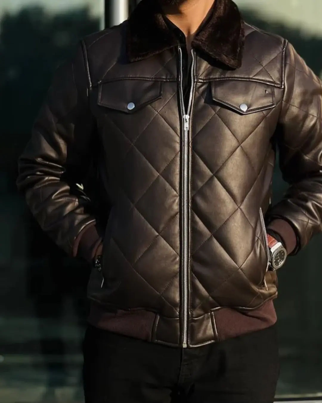 Lamb Skin Leather Puffer Jacket | Dark Brown Premium jacket for men
