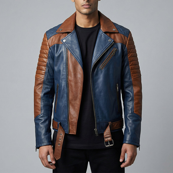 Blue and Brown Cafe Racer Leather jacket