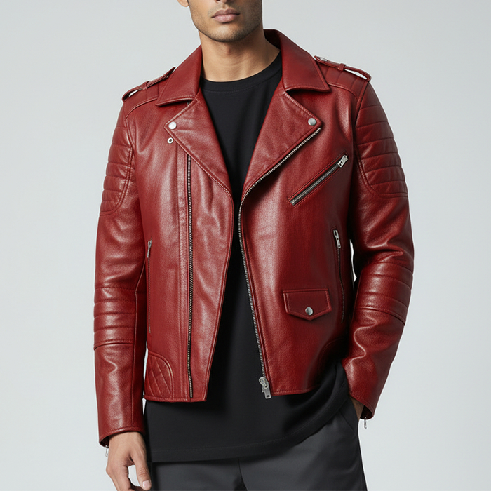 Men's Red Café Racer Biker Leather Jacket