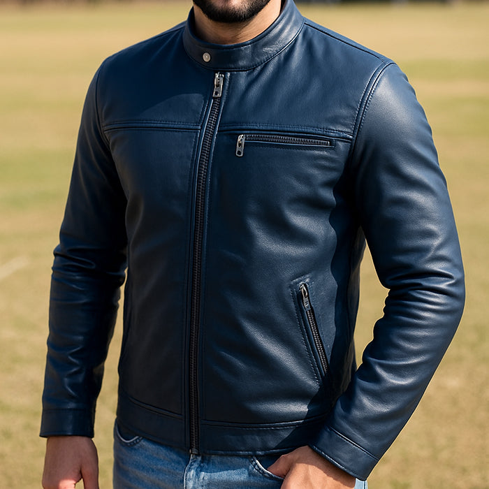 Blue leather jacket with white premium fur