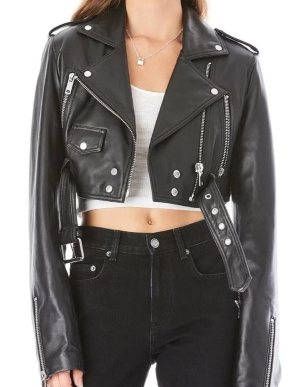 Cropped Belted Black Leather Jacket for Women