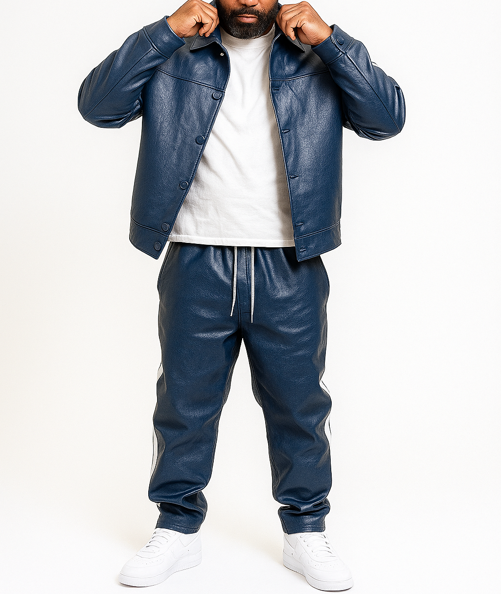 Men's Blue Leather Track Suit jogging Sweatsuit