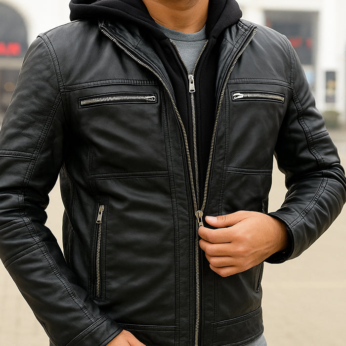 Hooded black leather jacket for men&#39;s, removable hood jacket
