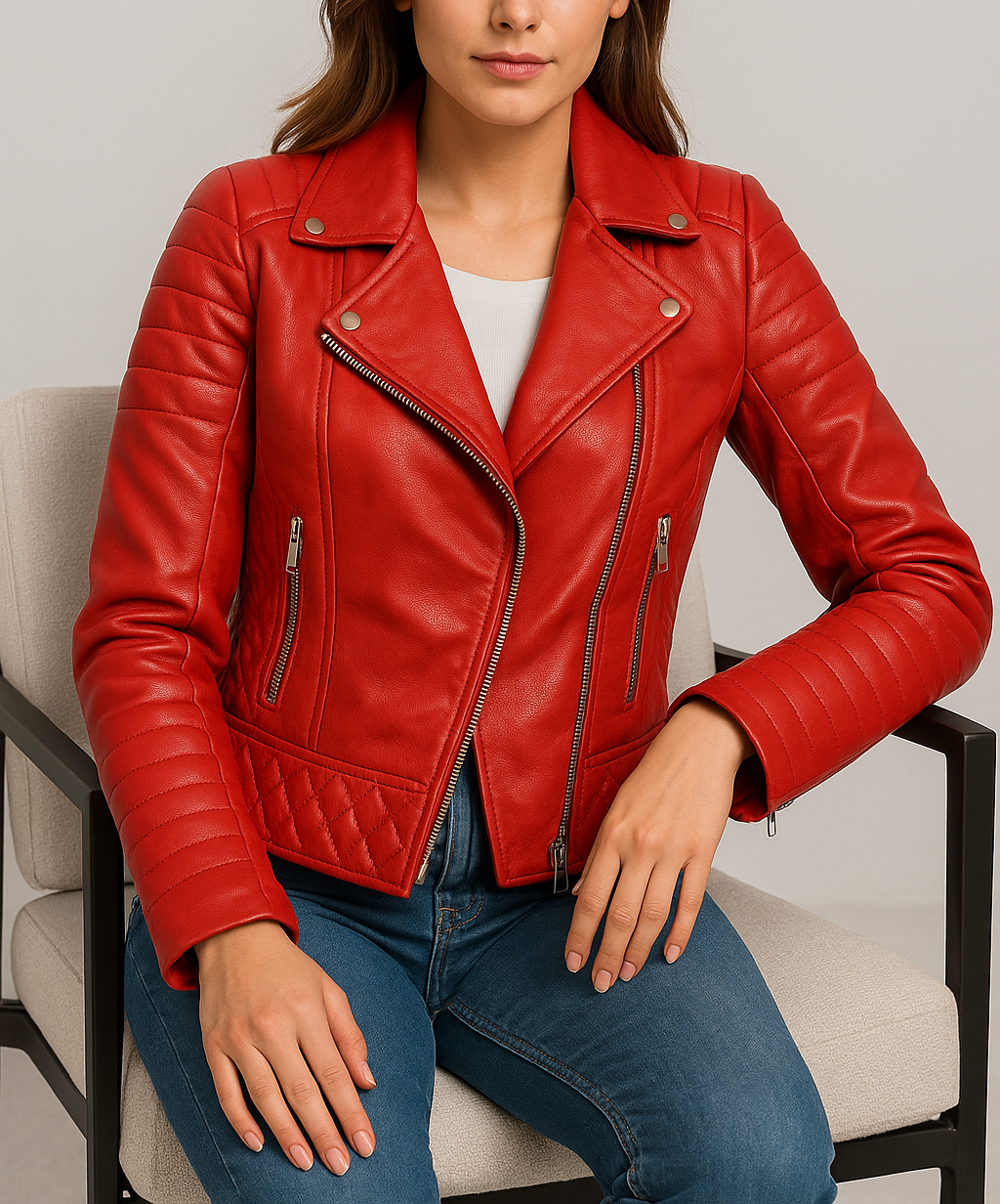 Women Boda Style Quilted Red Biker Leather Jacket