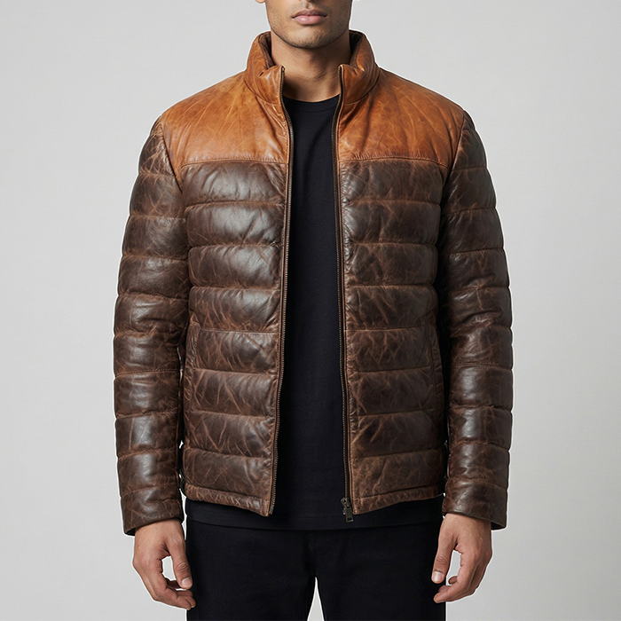 Brown Leather puffer jacket