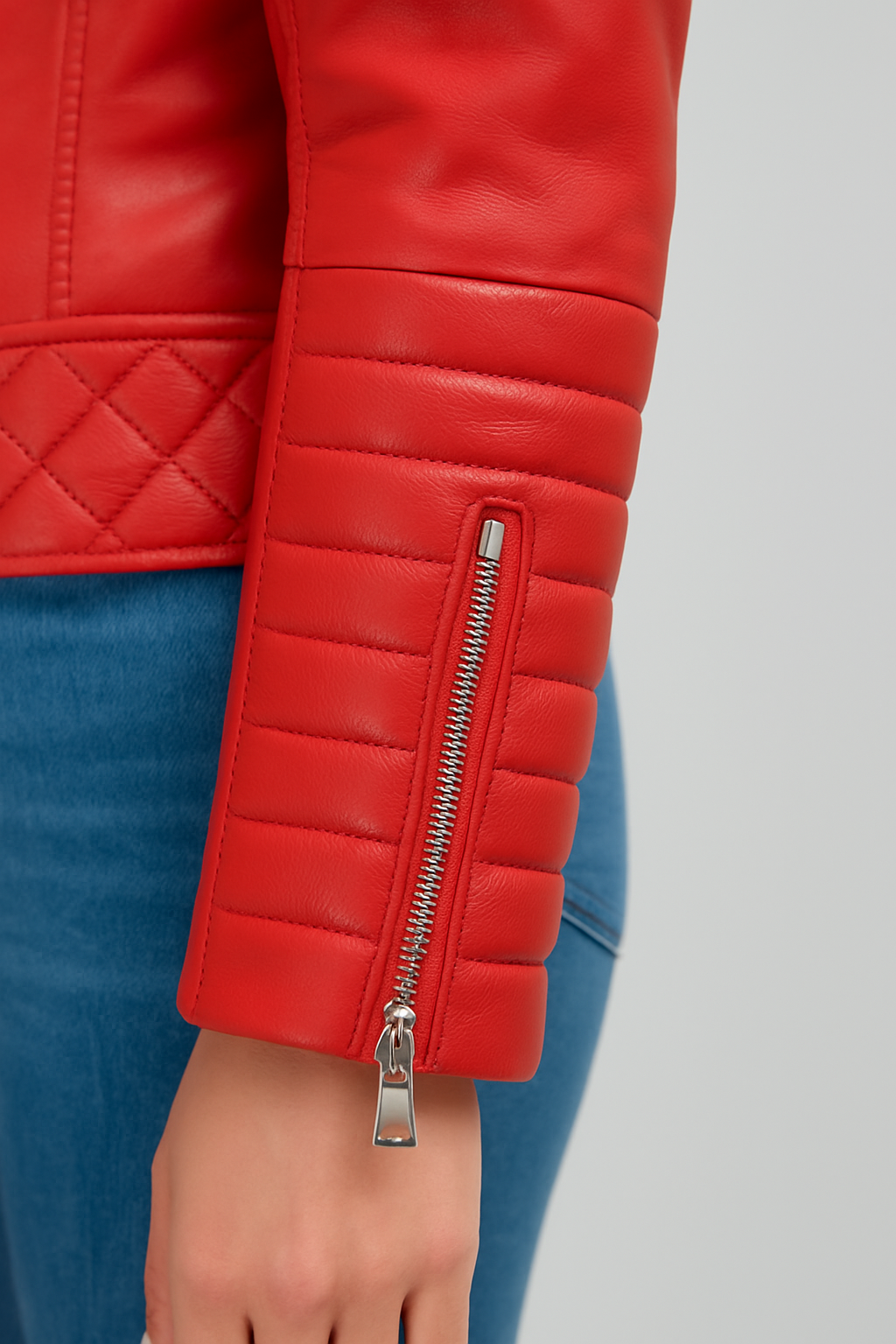 Women Boda Style Quilted Red Biker Leather Jacket