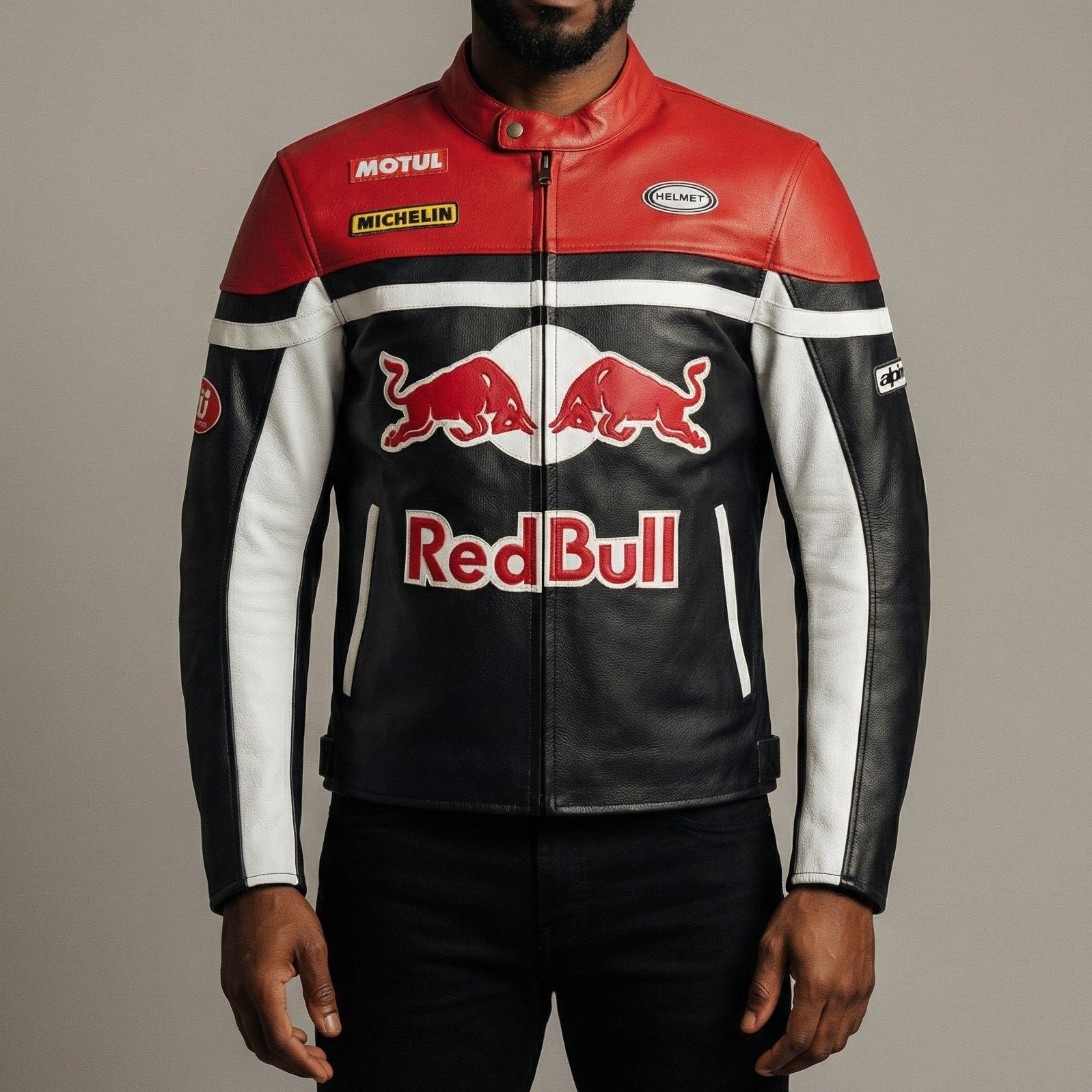 Person wearing a red, black, and white jacket with Red Bull and Motul logos on a gray background