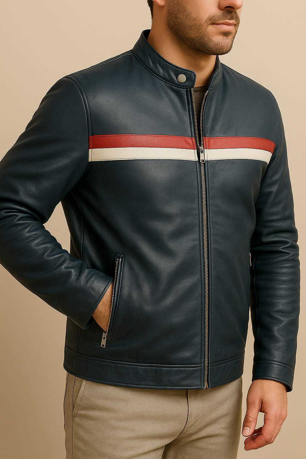 Blue leather jacket for men&#39;s with race winning line