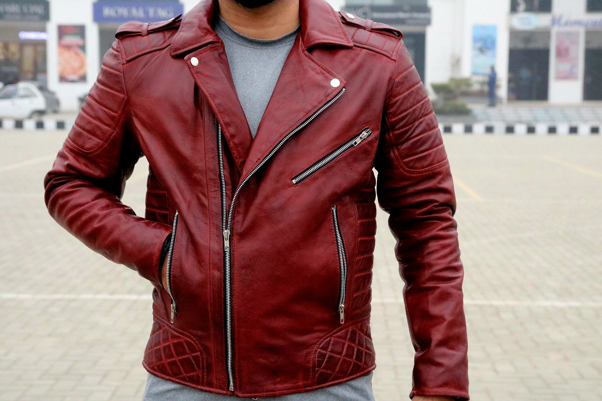 Men&#39;s cafe racer red biker Leather Jacket