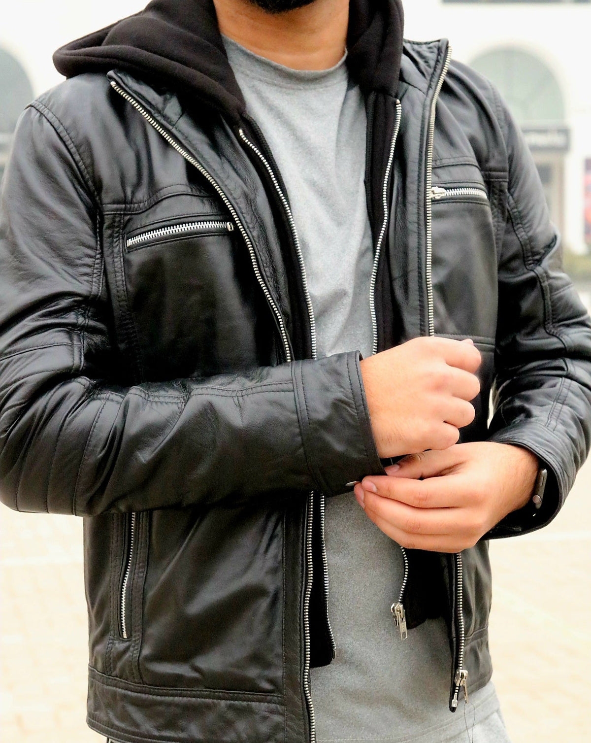 Hooded black leather jacket for men&#39;s, removable hood jacket