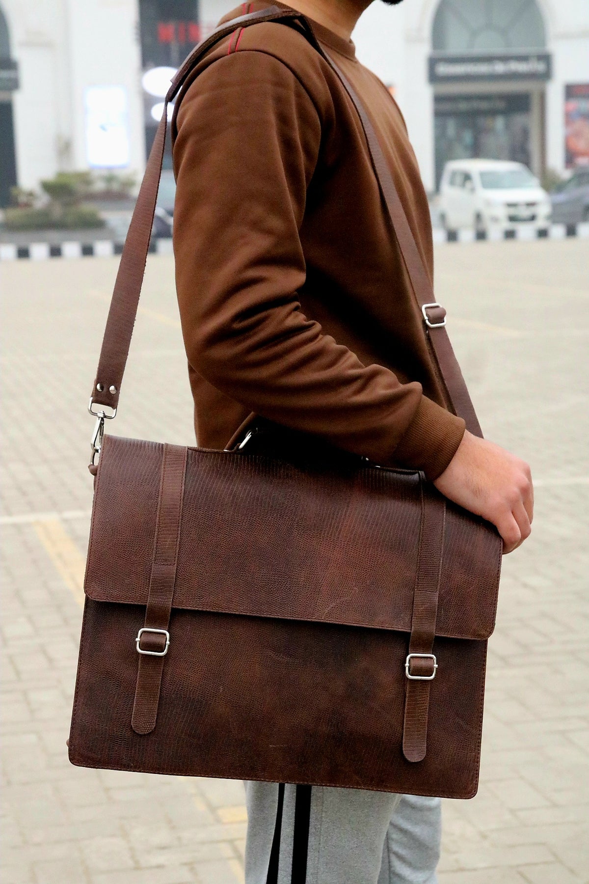 Leather briefcase file bag for office