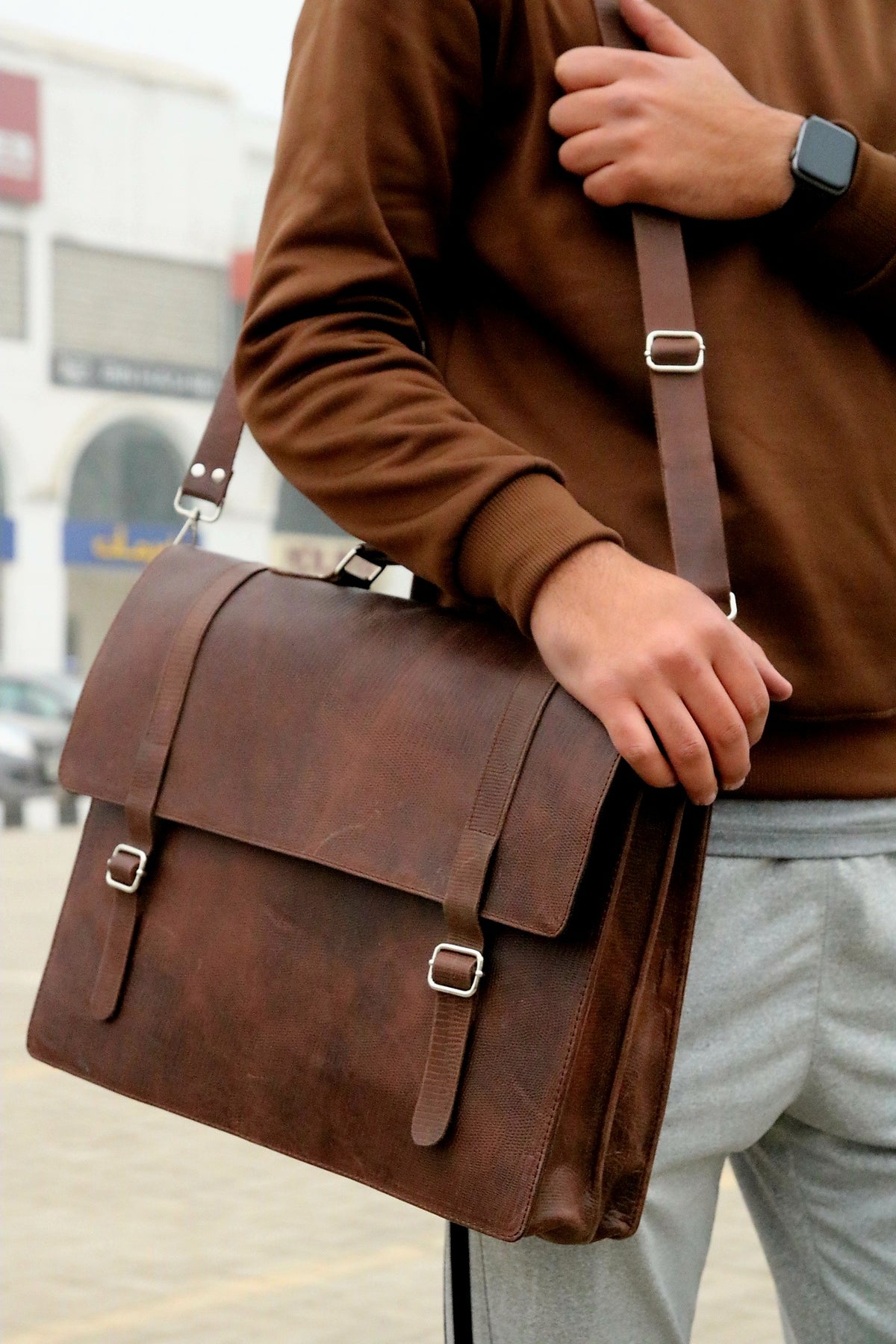 Leather briefcase file bag for office