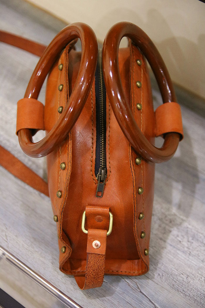 wooden handle Ladies leather hand bag