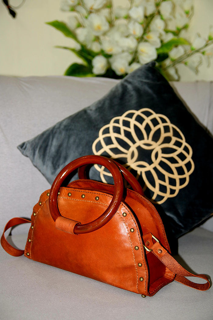 wooden handle Ladies leather hand bag