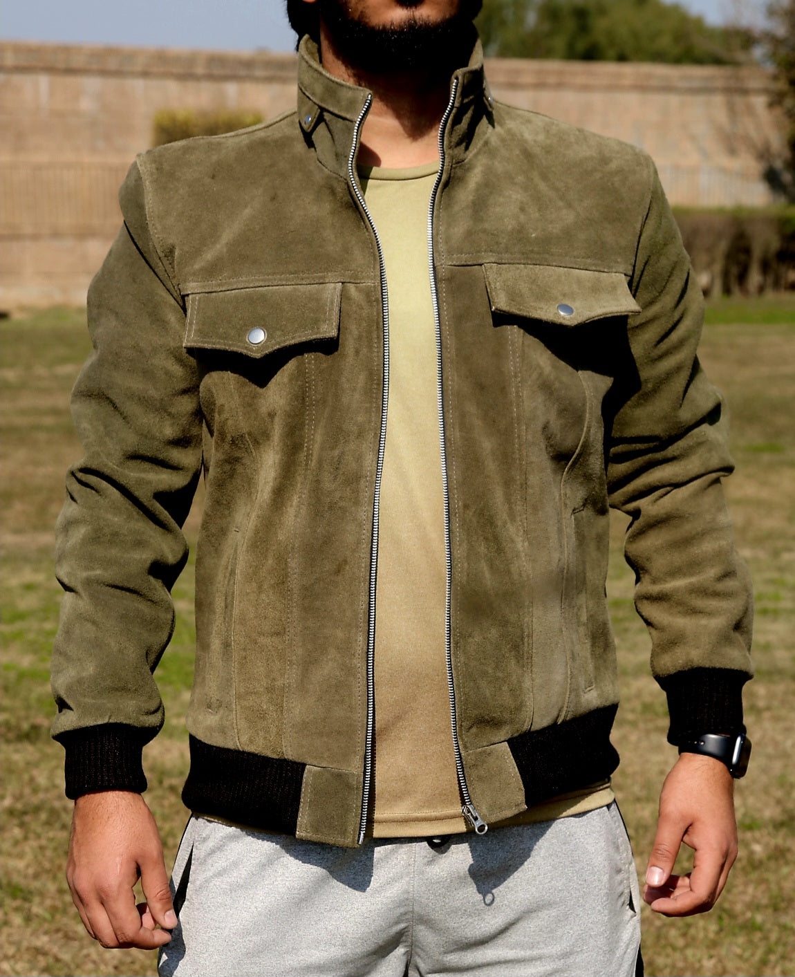 Green Suede leather jacket for men&#39;s