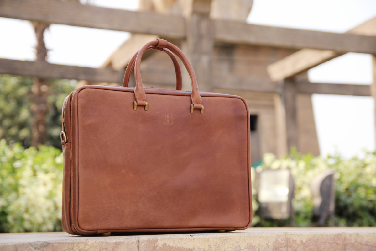 Double compartment leather laptop bag, leather file organizer bag
