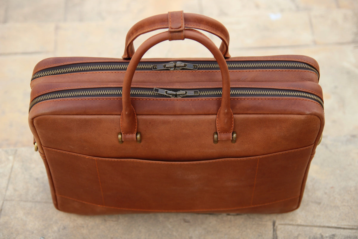 Double compartment leather laptop bag, leather file organizer bag
