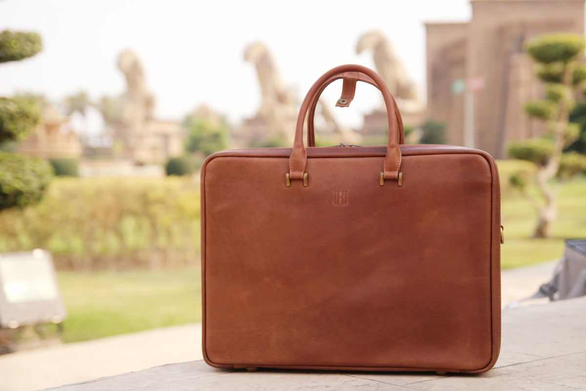 Double compartment leather laptop bag, leather file organizer bag