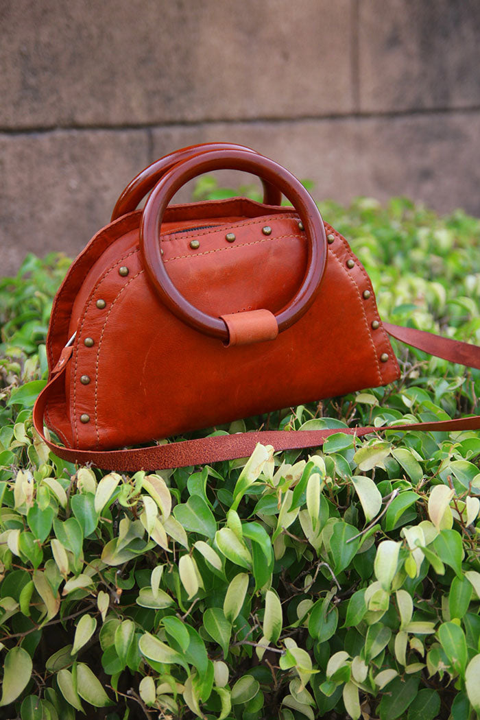 wooden handle Ladies leather hand bag