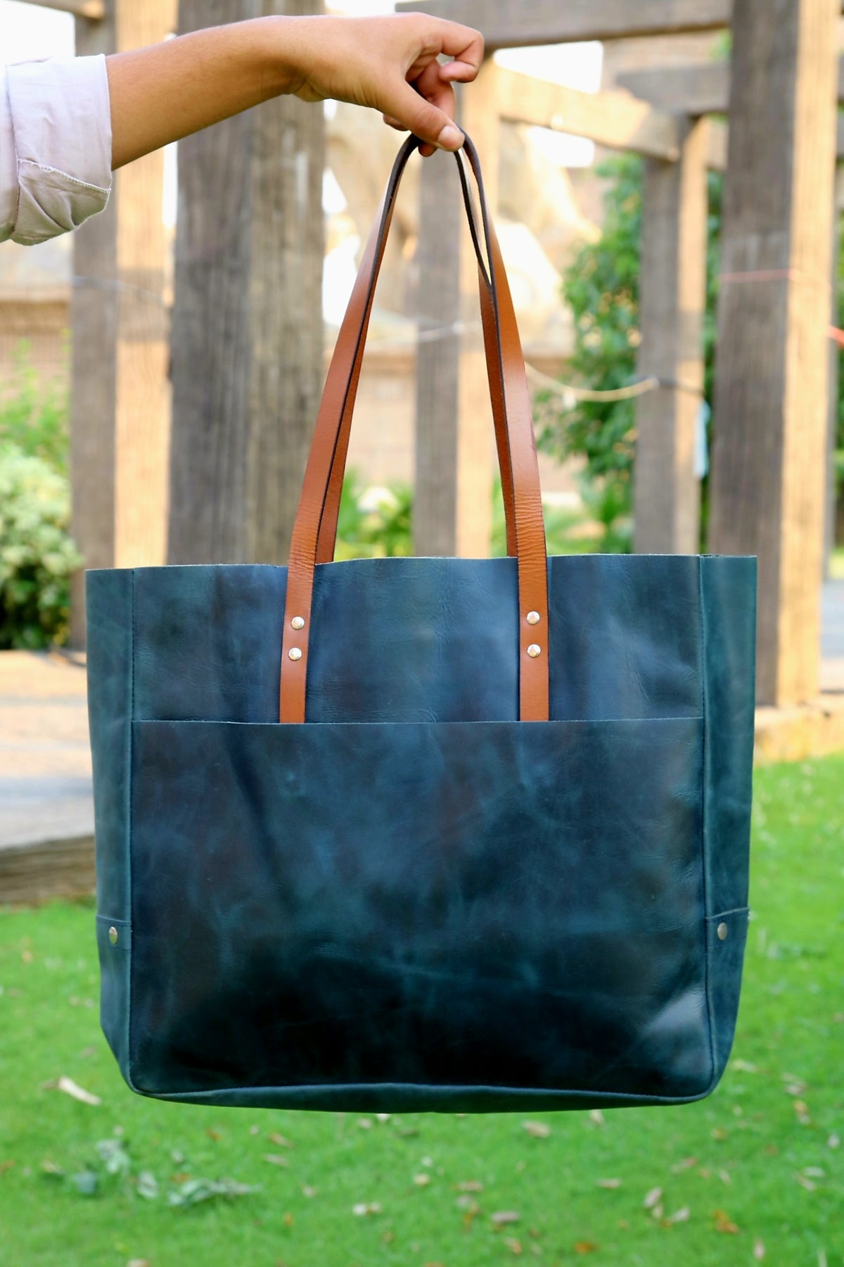 Ladies leather shopping bag, Dark water Blue bag