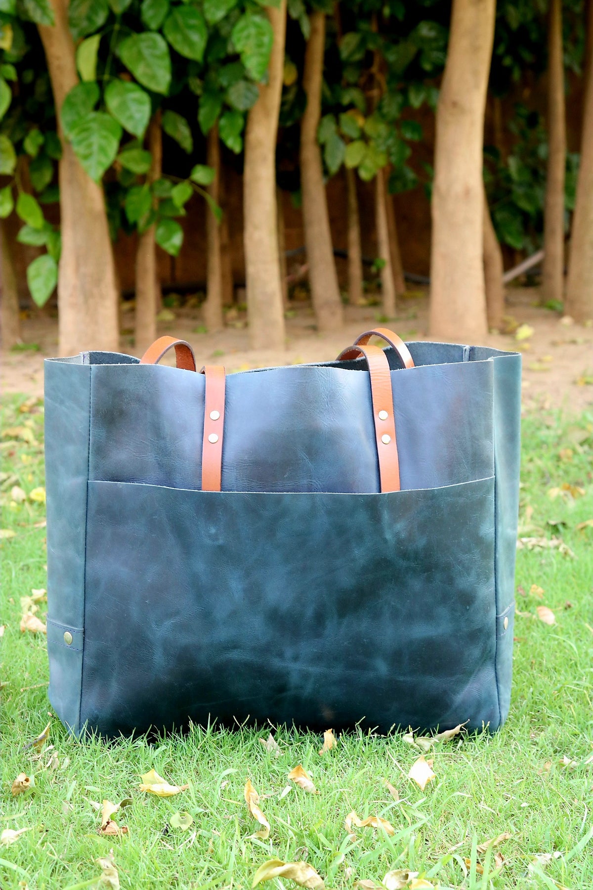 Ladies leather shopping bag, Dark water Blue bag