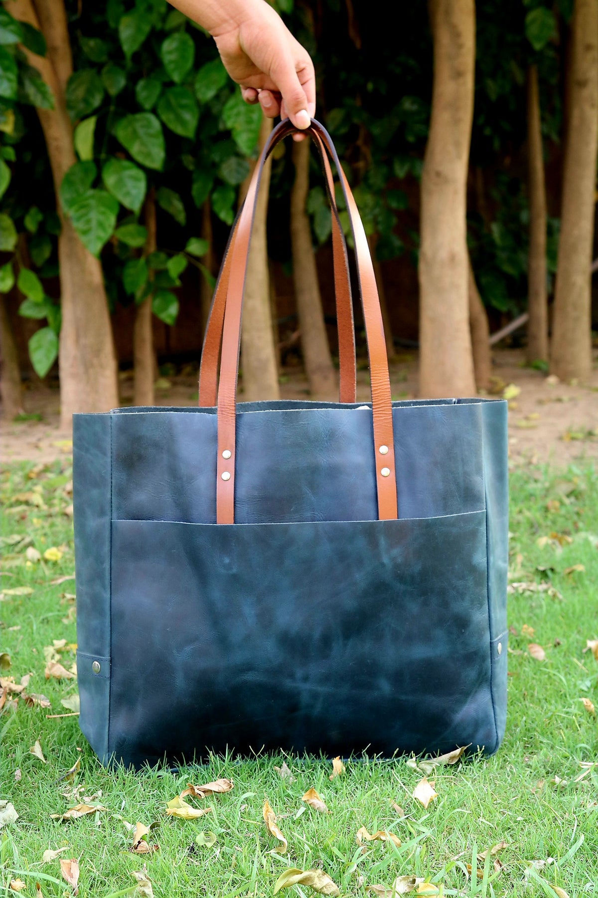 Ladies leather shopping bag, Dark water Blue bag