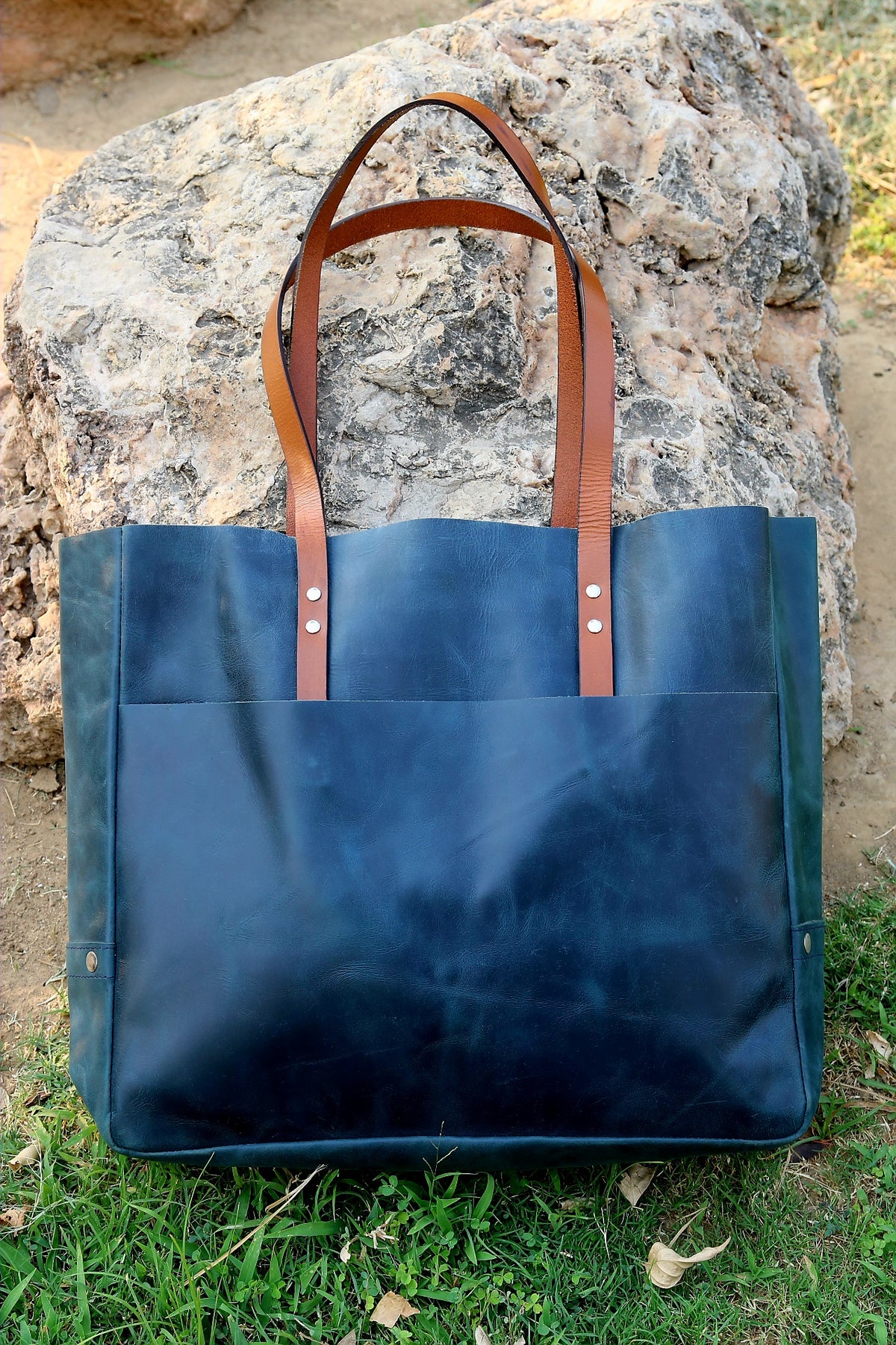Ladies leather shopping bag, Dark water Blue bag