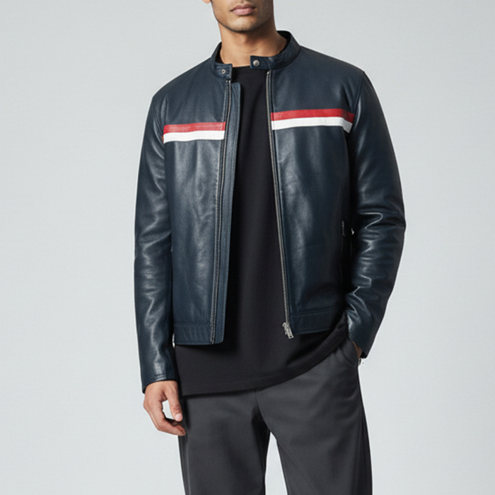 Racing Line Blue Leather Jacket for Men's