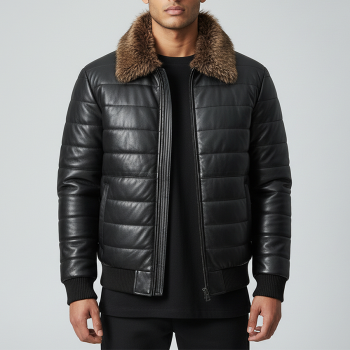 Men's Bomber Style Leather Jacket with Fur Collar - Vintage Aviator Look