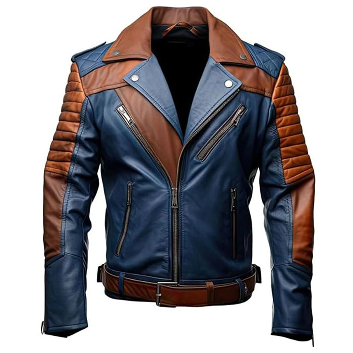 Men&#39;s Blue and Brown Jacket,  premium leather jacket
