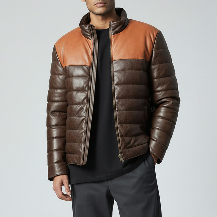 Brown Leather Puffer Jacket for Men