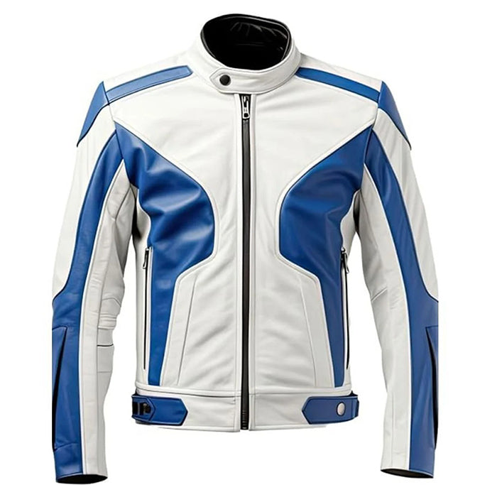 Men&#39;s White and Blue Jacket, premium leather jacket
