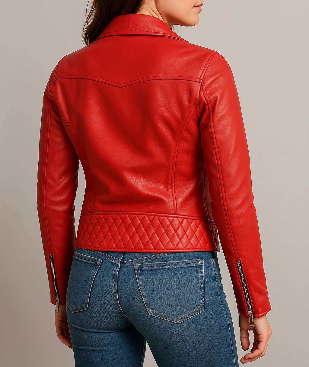 Women Boda Style Quilted Red Biker Leather Jacket