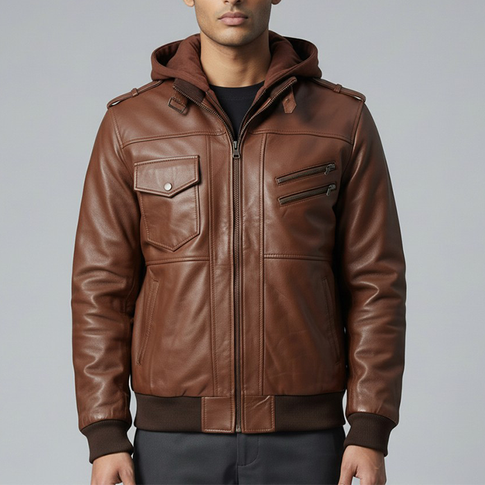 Hooded Brown Leather Bomber Jacket | Brown