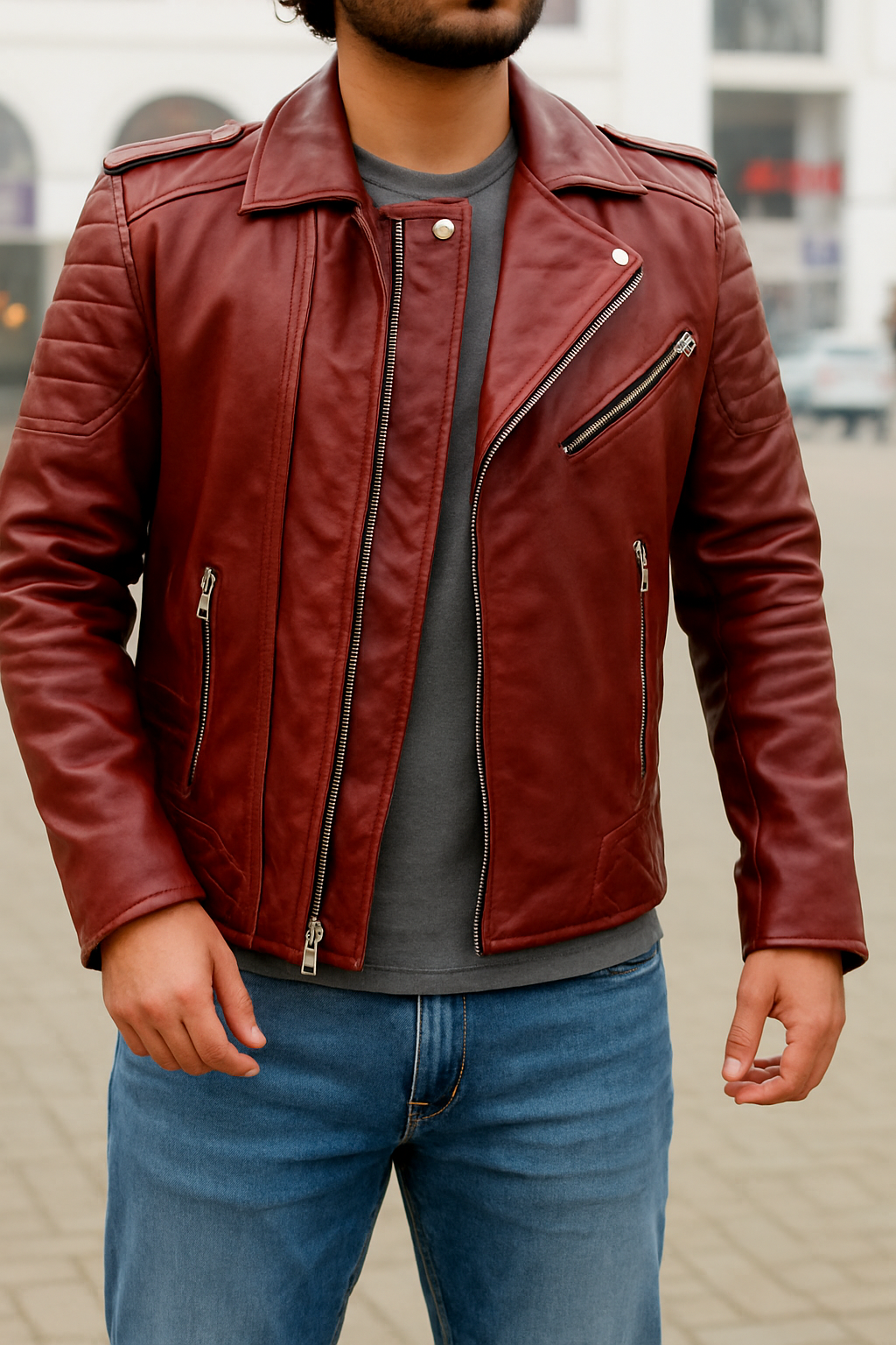 Men&#39;s cafe racer red biker Leather Jacket