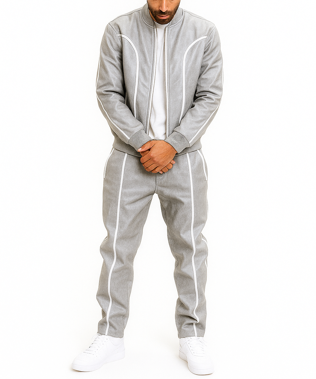 Men's Grey Leather Track Suit Sweatsuit