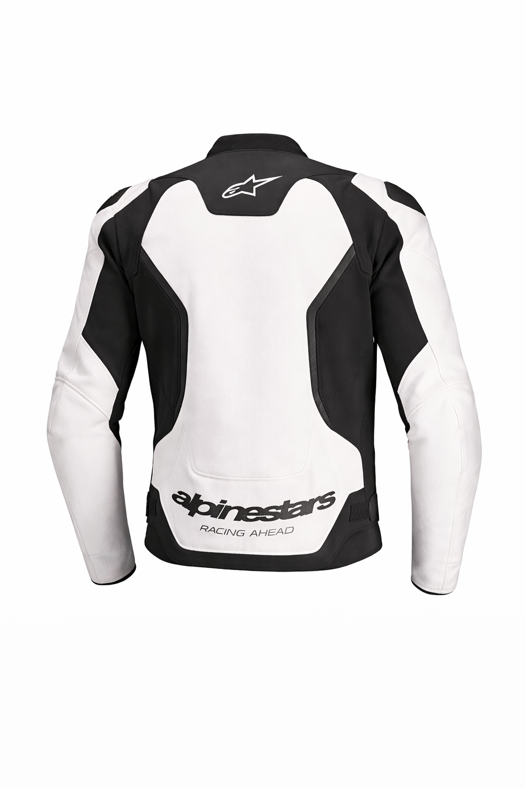 Black and white motorcycle jacket with 'Alpinestars' branding on a white background