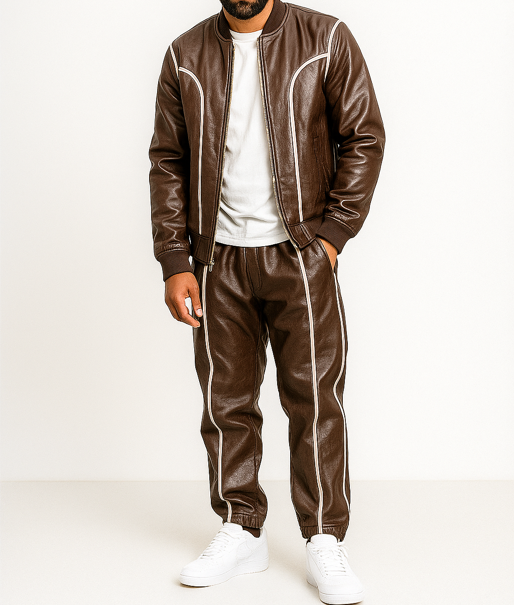 Men's Brown Leather Track Suit jogging Sweatsuit