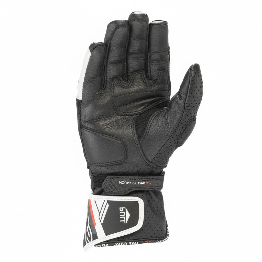 Black and white alpinestars leather glove with brand logo on a white background