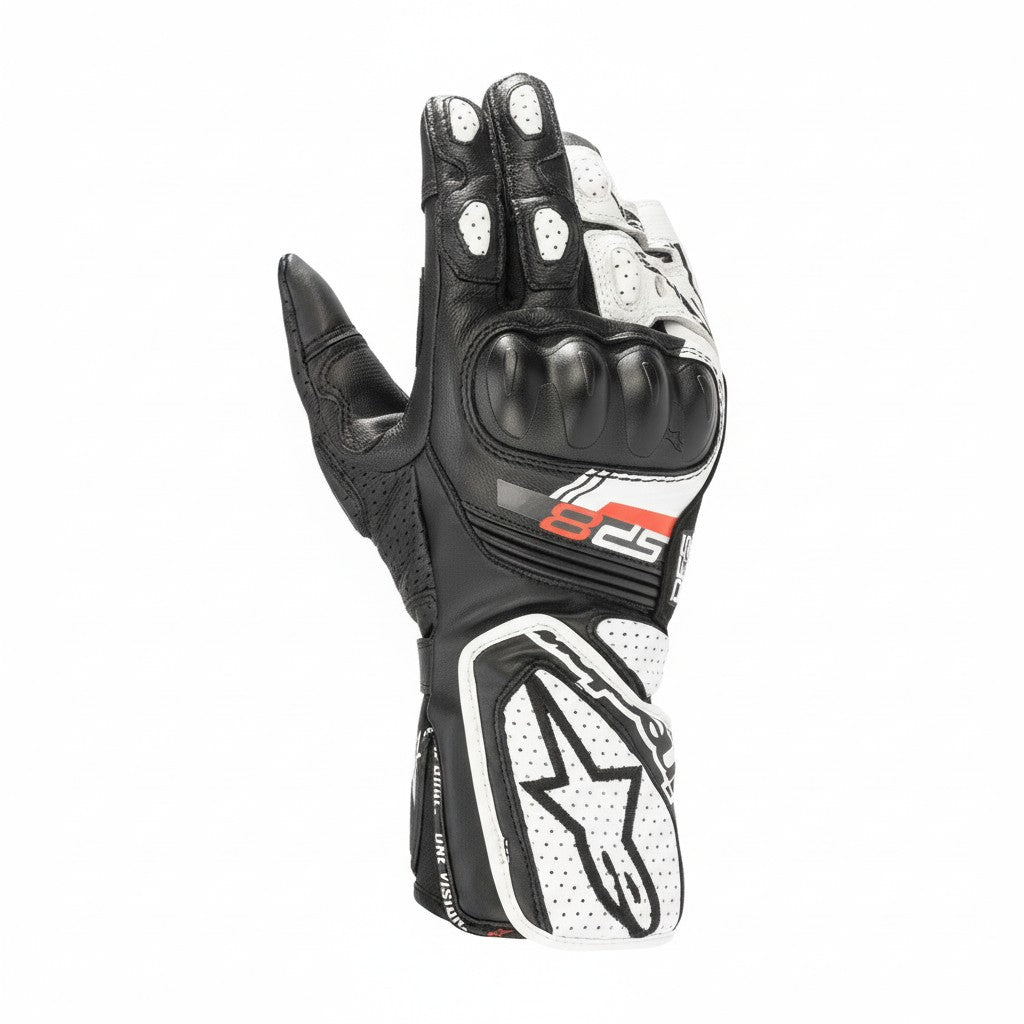Black and white alpinestars motorcycle riding glove with visible branding on a white backgroundr