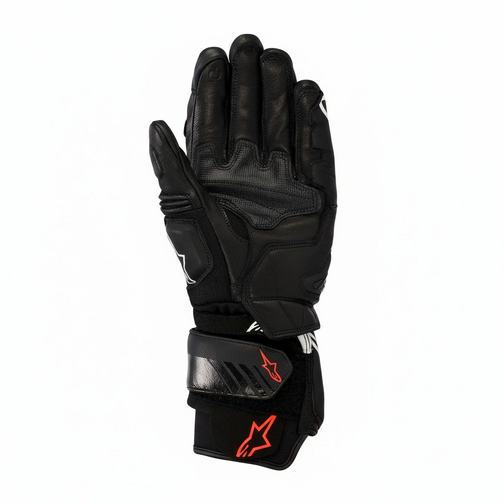 Alpinestars black motorcycle glove with red logo on a white background