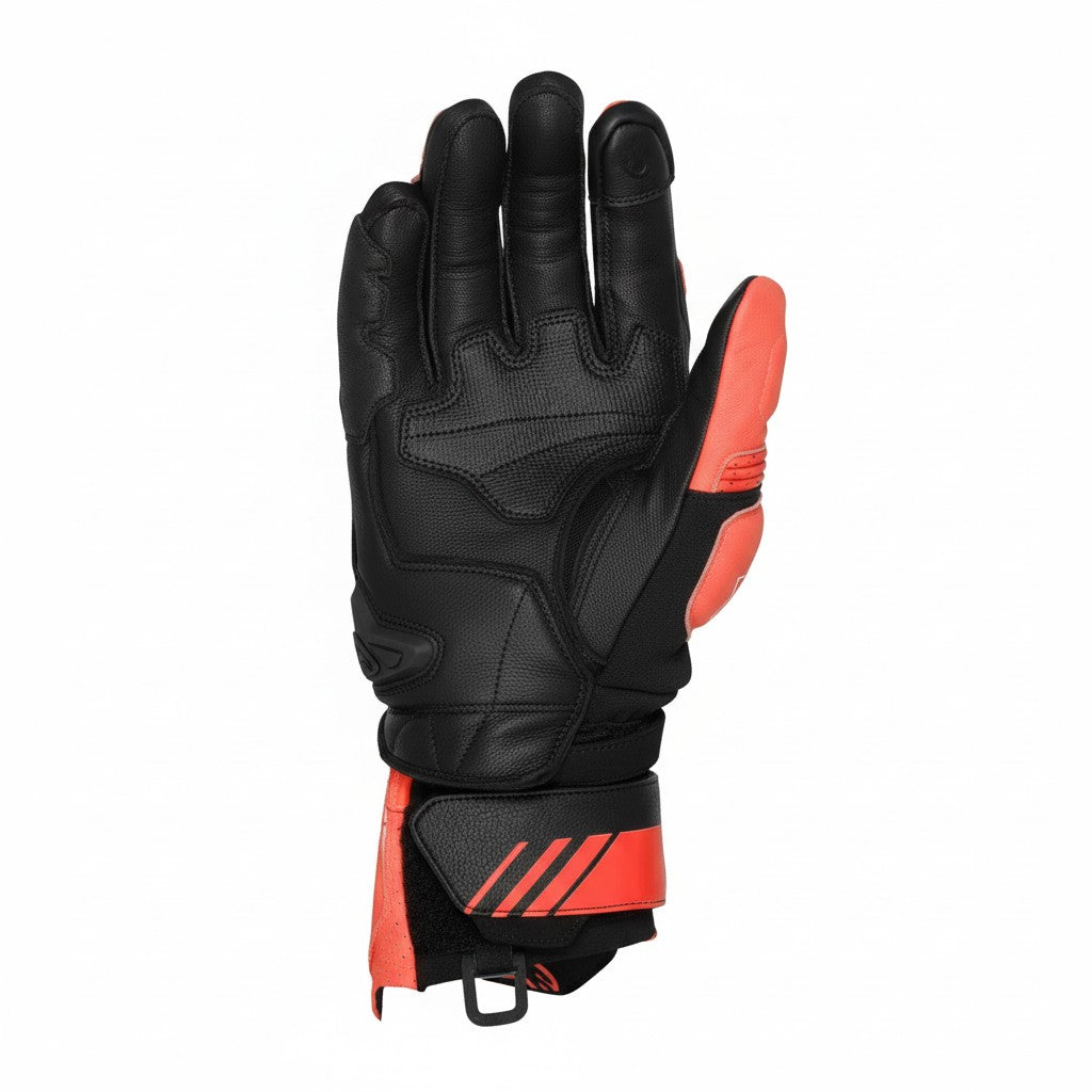 Black and red Alpinestars riding glove on a white background