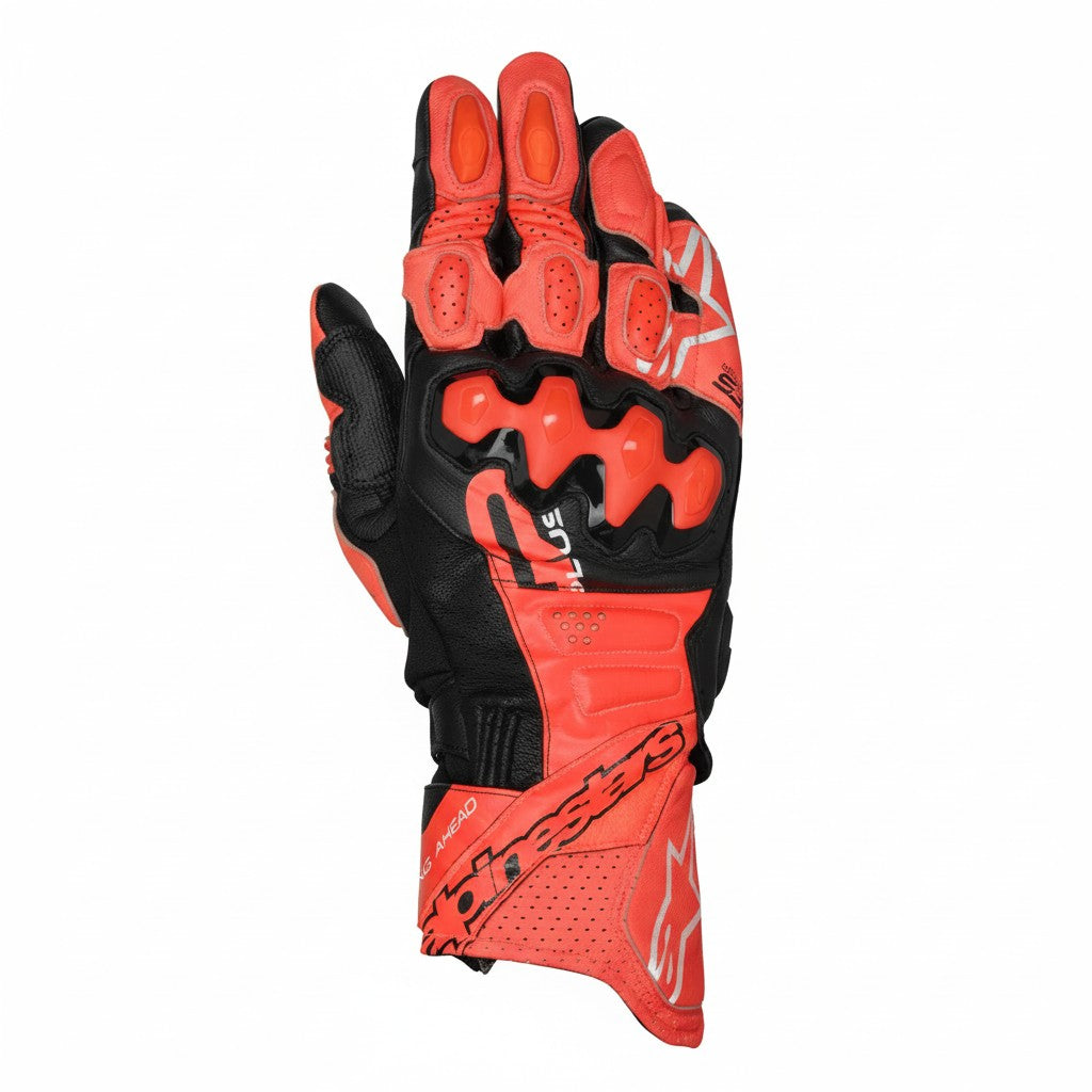 Red and black Alpinestars riding glove on a white background