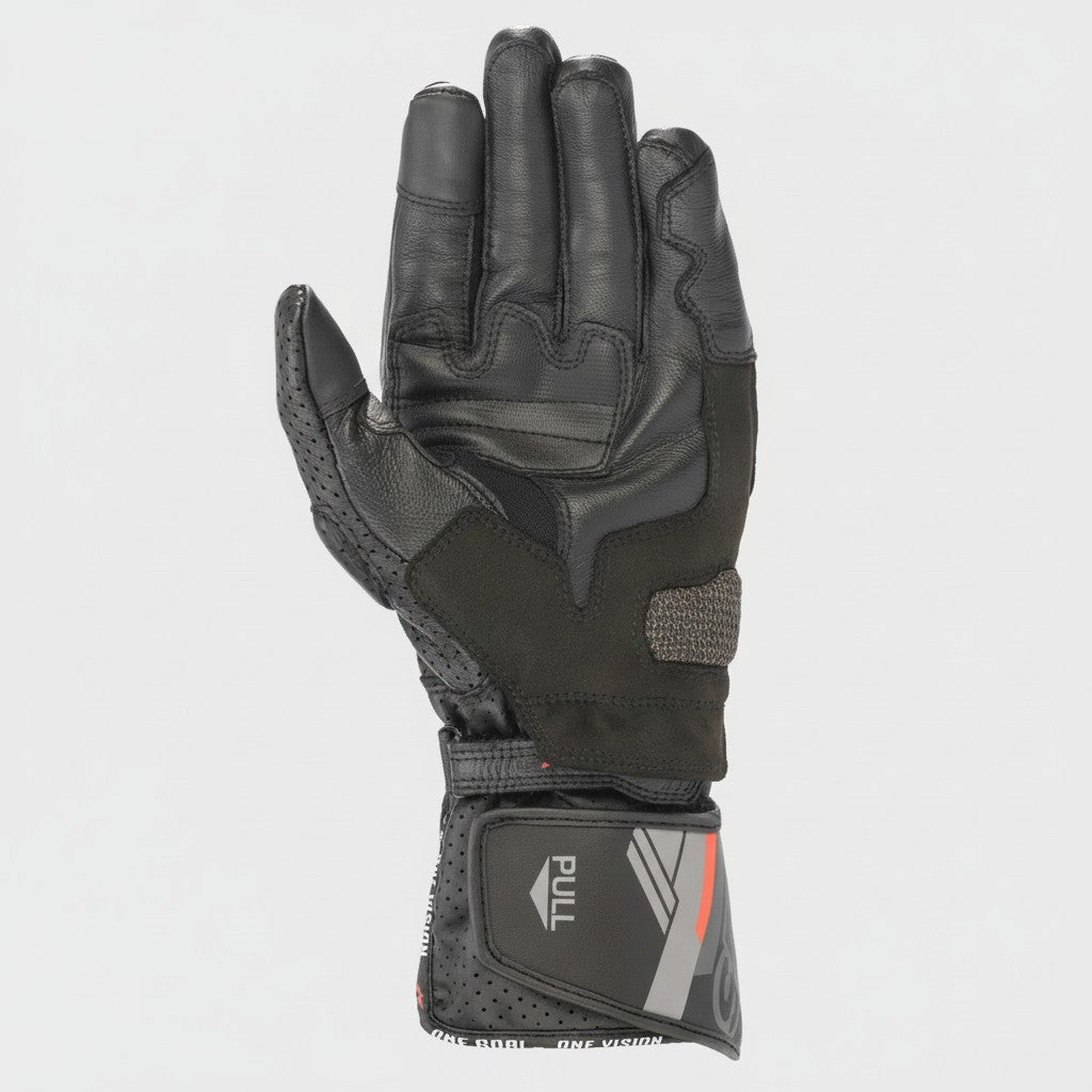 Black motorcycle glove with brand logo on a light gray background