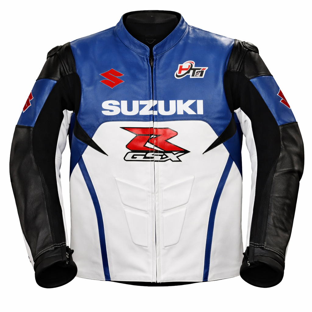 Suzuki motorcycle jacket with blue, white, and black design on a white background